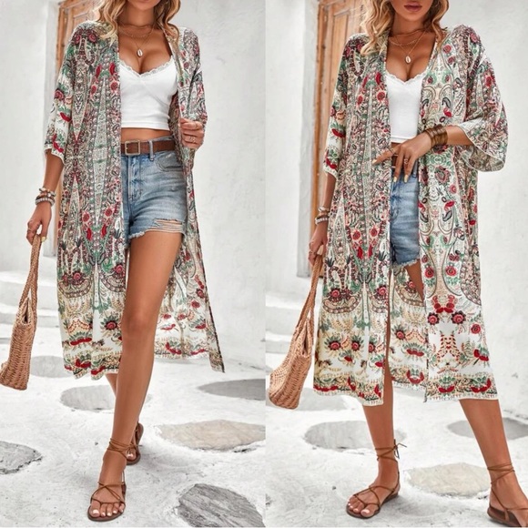 Paisley Print 3/4 sleeve Kimono Cover up - Picture 5 of 7